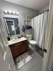 a bathroom with a sink and a toilet and a mirror at Rockwall Harbor Retreat in Rockwall +31 photos