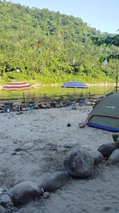 eine Gruppe von Sonnenschirmen und Stühlen am Strand in der Unterkunft Tribe Riverbank Campsite in Dawki