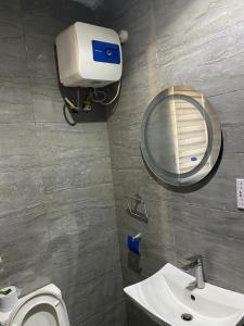 ラゴスにあるJADA hotel and suitesのバスルーム(鏡、トイレ、洗面台付)