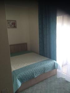 ein Schlafzimmer mit einem Bett mit einem blauen Vorhang und einem Fenster in der Unterkunft Aparthotel "Lechebnaya" in Kasan