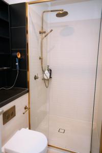 a bathroom with a shower with a toilet at 2bedroom city central appletv Homepod pool sauna in Melbourne