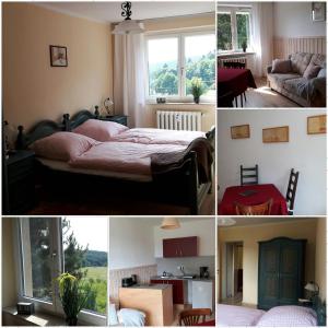 a collage of pictures of a bedroom with a bed at Ferienwohnung Wolf in Gräfenroda