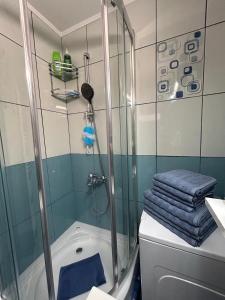 ein Badezimmer mit einer Dusche und einem WC mit blauen Handtüchern in der Unterkunft Apartament Central Ilie Balaci 15 in Craiova + 14 Fotos