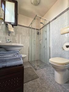 Un baño con ducha, inodoro y lavabo. en Salina Acroeoliano monolocali in villa, en Leni
