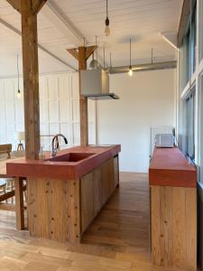 a kitchen with a red sink and a counter at 里山のいぶき舎 in Goto +14 photos