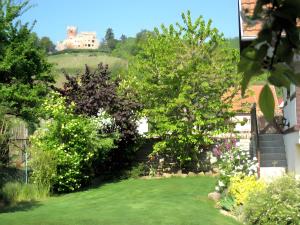 ein Garten mit Bäumen und eine Burg auf einem Hügel in der Unterkunft Gîte Sylvaner sur la route des vins in Kintzheim + 10 Fotos