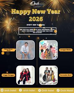 a flyer for a happy new year with fireworks at Onih Hotel in Bogor