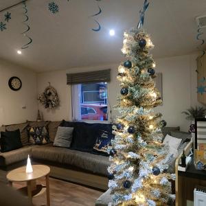 a living room with a christmas tree with lights at Centrix at Seawick Holiday Park in Saint Osyth