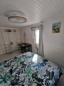Un dormitorio con una cama con un edredón azul y blanco. en KaZen chez Steph, en Petite Île