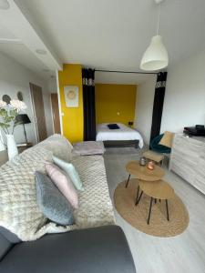 ein Wohnzimmer mit einer Couch und einem Bett in der Unterkunft Studio cocoon avec vue sur le Beaujolais in Mâcon