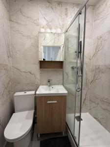 ラ・ロシェルにあるLe Rochelois by Maison ACGのトイレ、洗面台、シャワー付きのバスルーム