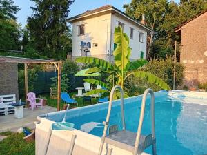 TornaventoCascina Colombina sul Ticino的一个带两把椅子的游泳池,旁边还有一株植物