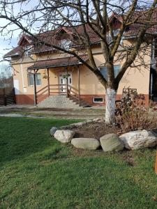 a house with a tree and rocks in front of it at Casa din Prund din Porumbacu de sus in Porumbacu de Sus