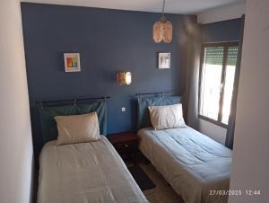 a blue room with two beds and a window at Hostal prados abiertos in La Parra