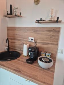 a kitchen counter with a sink and a stove at Veya Cabins Apuseni in Trifeşti