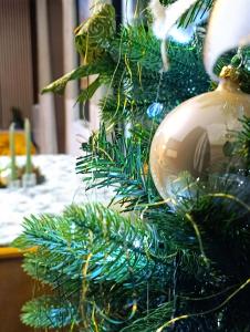 ein grüner Weihnachtsbaum mit einer goldenen Kugel daran in der Unterkunft Premium Penthouse in Keszthely