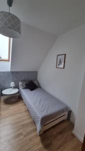 ein Schlafzimmer mit einem Bett und einem Tisch darin in der Unterkunft Moje Mazury Wilk in Wilnowo