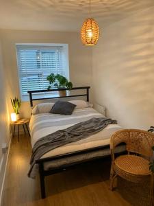 a bedroom with a large bed and a potted plant at Cartref 2 Double Bed Apartment Nebo Dogs Welcome in Amlwch +3 photos