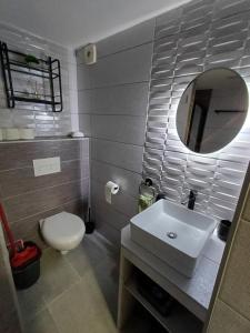 a bathroom with a toilet and a sink and a mirror at Borka-land Vendégház in Deszk +19 photos
