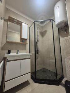 a bathroom with a shower and a sink at Anđelka in Brzeće