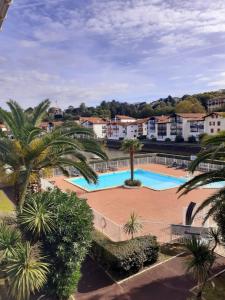 una vista dall'alto di una piscina con palme di appartement Xiberoa Socoa a Urrugne