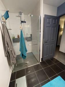 Un baño con ducha y puerta de cristal. en Chambre cosy entre ville et campagne, en Lorette