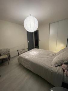 Un dormitorio con una cama grande y una lámpara de araña. en Chambre cosy entre ville et campagne, en Lorette