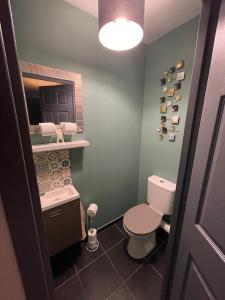 Un pequeño baño con inodoro y espejo. en Chambre cosy entre ville et campagne, en Lorette 1 foto más