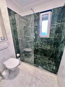 ein Badezimmer mit Toilette und Glasdusche in der Unterkunft Ground Floor Studio in Chişoda