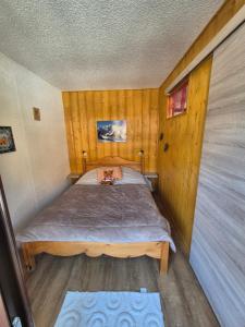 ein kleines Schlafzimmer mit einem Bett in einem Haus in der Unterkunft Les Mélèzes in Saint-Chaffrey