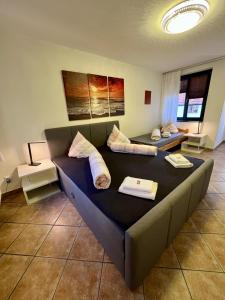 a living room with a couch with pillows on it at Ferienwohnungen Rehn in Dresden