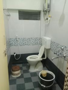a small bathroom with a toilet and a shower at Puneetha home stay hampi in Hampi