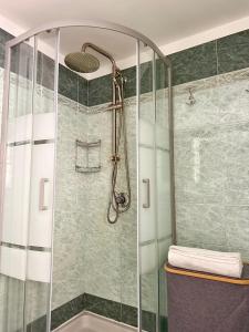 a shower in a bathroom with green tile at Apartment Meringa in Pettenasco