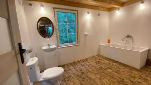 a bathroom with a toilet and a tub and a window at Brzozowe Rancho in Lublinów +5 photos