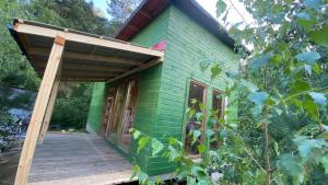 a green house with a porch and a deck at Brzozowe Rancho in Lublinów
