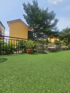 a yard with chairs and a fence and a tree at Soothing Haven in Ibadan