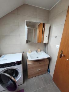 a small bathroom with a washing machine and a sink at Le Pigeonnier in Dombresson