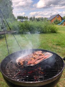a grill with meat cooking on top of it at Kemping przy Suntago in Lublinów