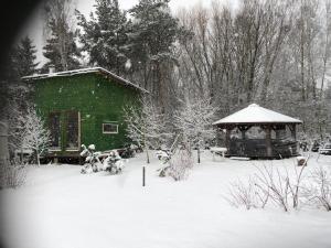 a green house with a gazebo in the snow at Kemping przy Suntago in Lublinów