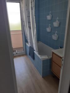 a bathroom with a shower and a tub and a sink at Spacieux T5 confort 9 pers in Angers +16 photos