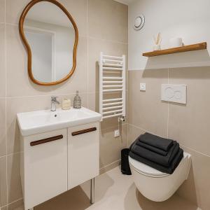 a bathroom with a sink and a toilet and a mirror at Studio Masséna - Mer et Vieux Nice pour 4 personnes in Nice +8 photos