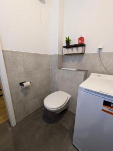 a bathroom with a toilet and a toilet paper dispenser at AltstadtQuartier Bautzen in Bautzen +3 photos