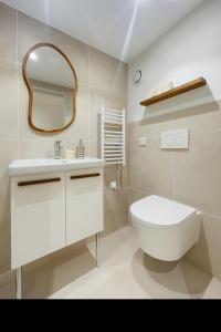 ein Badezimmer mit einer weißen Toilette und einem Spiegel in der Unterkunft Studio Masséna - Mer et Vieux Nice pour 4 personnes in Nizza