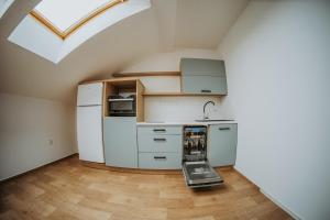 新伊钦乌兹沃努旅馆的厨房里有一个带冰箱和水槽的楼梯间