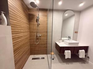 a bathroom with a shower and a sink at Vega Luxury & Relax House in Orşova +16 photos