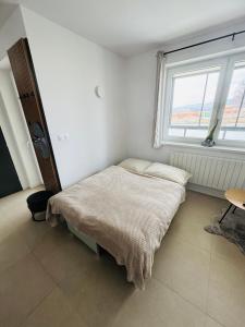 Un dormitorio con una cama en una habitación con ventana. en Panorama View Apartment, en Veľký Slavkov