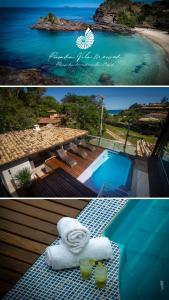 deux photos d'un complexe hôtelier avec plage et piscine dans l'établissement Pousada Vila Merced, à Búzios