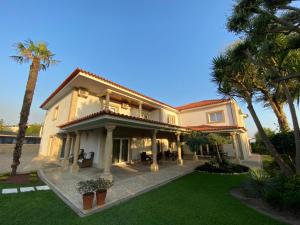 a large house with palm trees and a lawn at Camélias Casa de Charme in Varziela