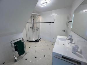 Ferienhaus Zum Gässchen في فايسنفلس: حمام أبيض مع دش ومغسلة +33 صورة