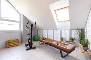 una palestra con una panca in una stanza con finestre di Belgian Ardennes Your luxurious holiday home a Xhignesse